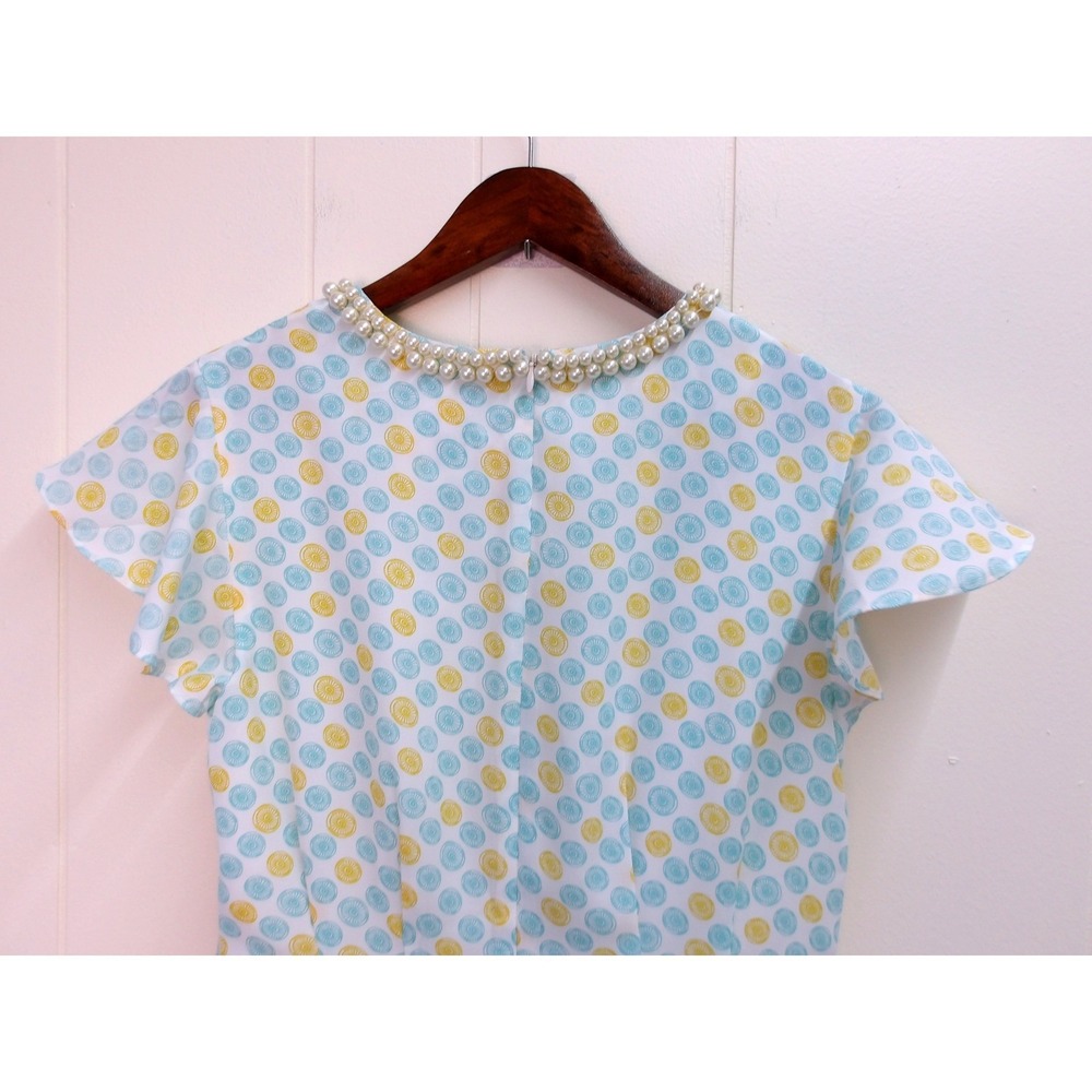 Jason Wu Aqua Blue Yellow Dress Pearl Neckline Ruffle Sleeve Sz‎ 8 / #8022 - Picture 4 of 7